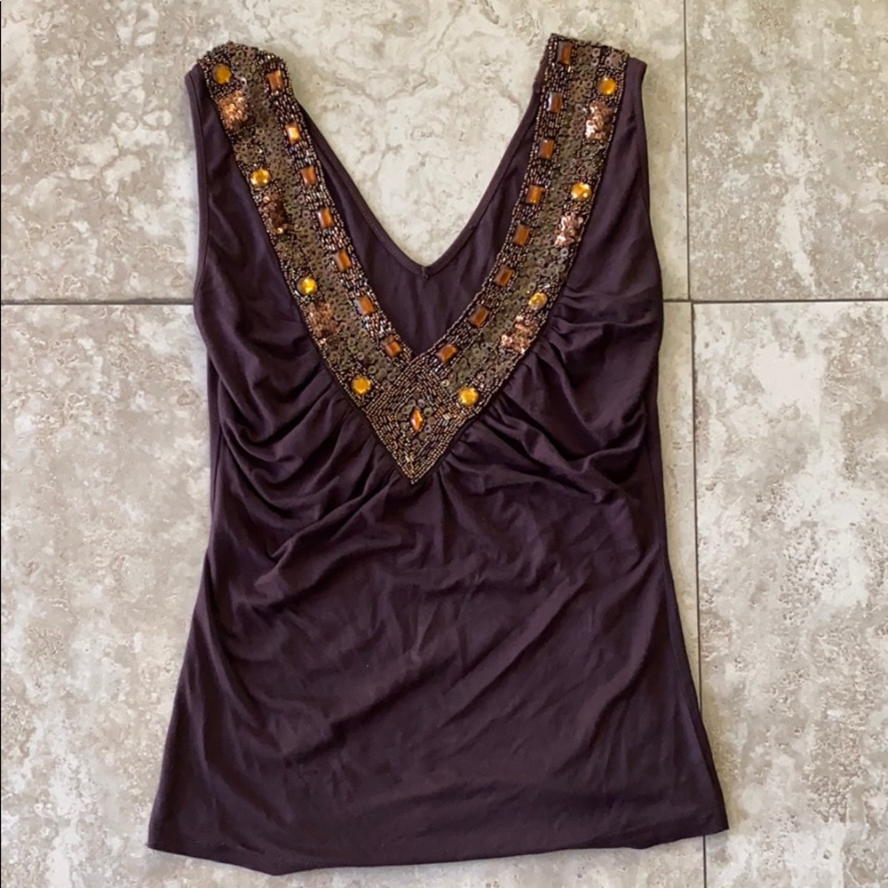 Beaded Brown V Neck Tank Top